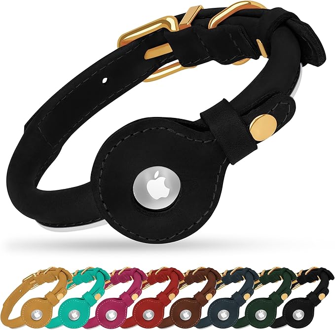 OOPSDOGGY Rolled Leather Dog Collar with Airtag Holder - Reflective Round Airtag Dog Collar - Soft Tracking Pet Collar for Small Dogs Puppy Cats Kitten (Black, M, 12"-15")