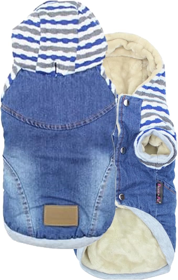 Parisian Pet Basic Dog Hoodie Lightweight Denim Striped Sweatshirt Pullover Hoodie for Dogs, Blue Cotton Clothes with Leash Hole and Pockets - XL