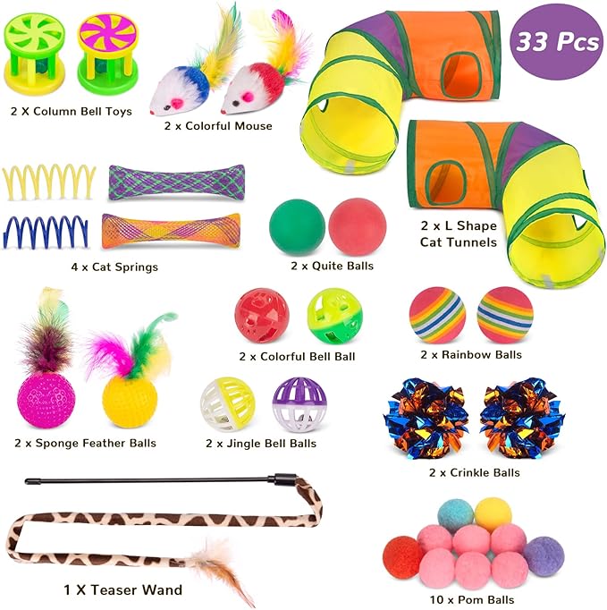 Retro Shaw Cat Toys Kitten Toys, Interactive Cat Tunnels Toy for Indoor Cats Kitty, Kitten Tube Tent Feather Wand Teaser Bell Fuzzy Ball Springs Mouse (33 Pcs Large Cat Tunnel Toys Set)
