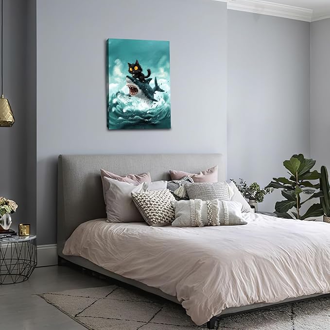 Funny Black Cat Bathroom Wall Art Cute Cat Riding Shark Canvas Wall Decor Animal Kitten Pictures Painting Print Artwork Framed Decorations Gifts for Cat Lover Kids Room Bedroom 16"x24"