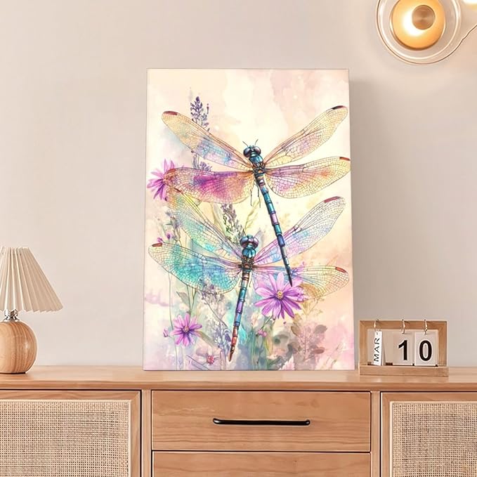 Dragonfly Bathroom Pictures Wall Art, Floral Bathroom Wall Decor, Framed Painting Canvas Artwork for Bedroom Living Room Decorations 24"L x 16"W