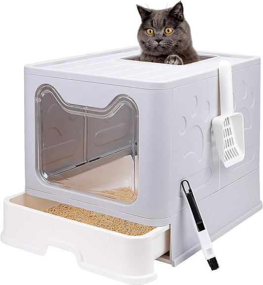 Foldable Cat Litter Box with Lid, Enclosed Potty, Large Top Entry Anti-Splashing Toilet, Easy to Clean Including Litter Scoop and 2-in-1 Cleaning Brush (Grey)