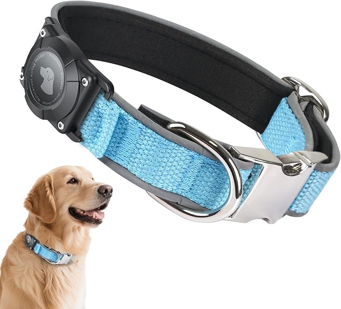 Waterproof Airtag Dog Collar - Nylon Collar with Durable Airtag Holder, Reflective&Anti-Lost with Safety Metal Buckle, Soft Padded Adjustable for Small Medium Large Dogs Blue L