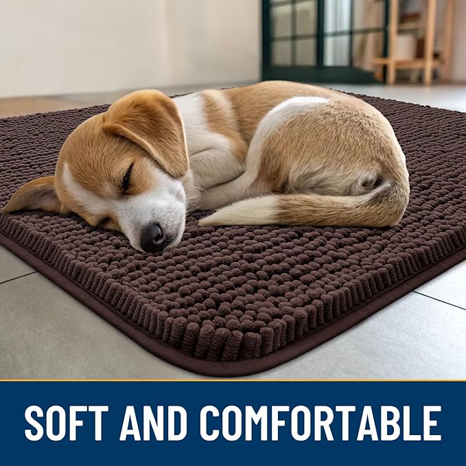 Smiry Dog Door Mat for Muddy Paws 24x16, Absorbs Moisture and Dirt Doormat, Non-Slip Washable Quick Dry Chenille Front Door Mat Indoor Entrance, Entryway Carpet for Inside Floor, Brown