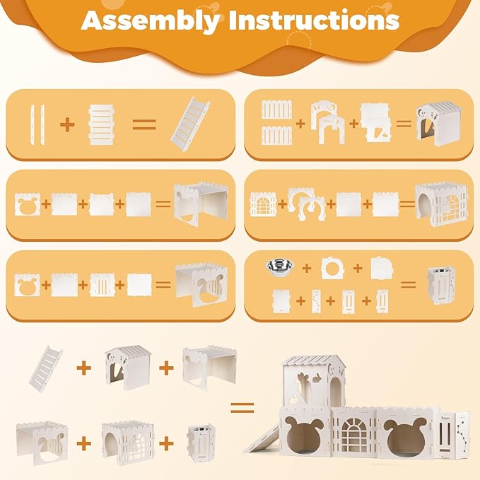 Extra Large Rabbit House, Wooden Bunny House Hideout with 4 Houses and Hay Feeder Indoor, Rabbit Guinea Pig Hideout Multistory Climbing Tower Sturdy Wooden Castle, Small Animal Hideaway Tunnel