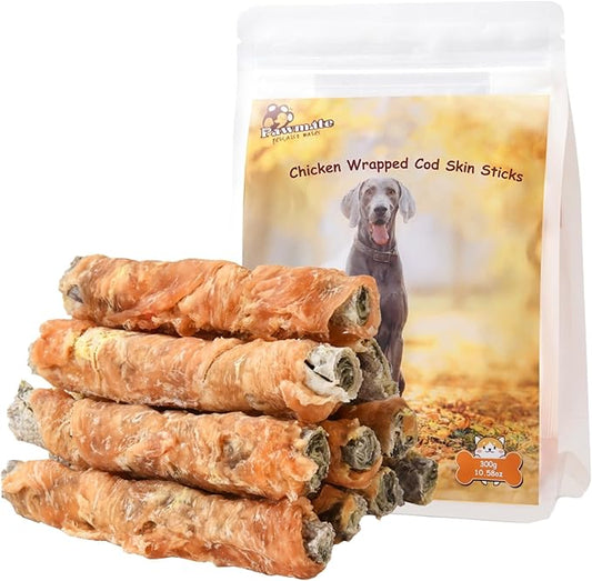 Dog Treats Chicken Wrapped Cod Fish Skin Sticks, Healthy High Protein Omega3 Cod Twist Dog Chews Real Chicken Wrap Teeth Cleaning for Large Medium Small Breeds, 10.6 oz