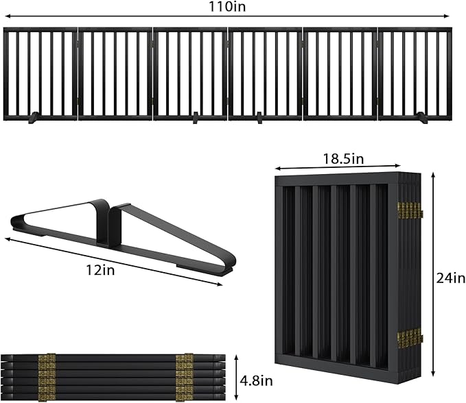 Extra Wide Dog Gate 110 inches Wide, Freestanding Pet Gate for The House Doorway, Pet Puppy Barrier, Support Feet Included, Black,6 Panels