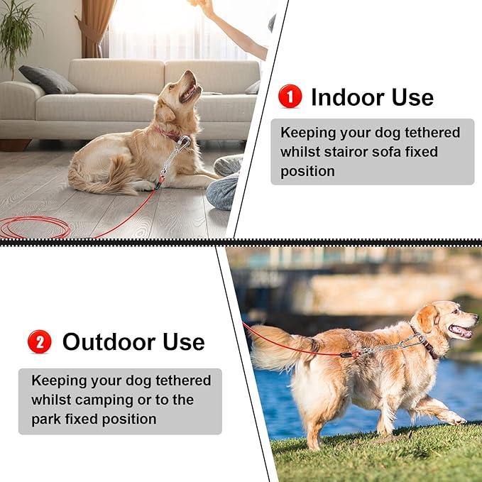 jenico Dog Tie Out Cable, 10/15/20/30/40/50/70/100/150FT Runner Cable with Swivel Hook and Shock Spring, Dog Leash Run Tether for Yard Outdoor and Camping,for Small to Medium Pets Up to 500 LBS