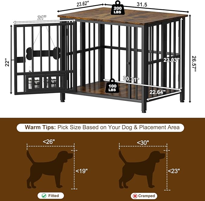 Easycom 31" Dog Crate Furniture Foldable, No Assembly Decorative Dog Kennel Indoor, Dog Crates for Small Dogs (20-40 lbs), Wooden Dog Cage with Adjustable Bowls and Name Tag, End Table, Rustic Brown