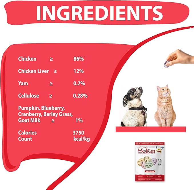 Freeze Dried Chicken Cat & Dog Waffle Treats - Made with Human Grade Chicken Breast & Liver - 5 Natural Flavors - Healthy, Tasty, Dry Food for Indoor Cats, Dogs - Inspected & Tested in USA