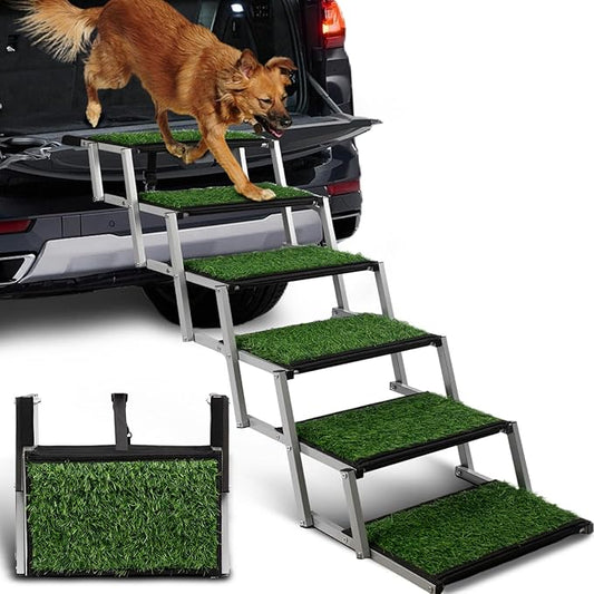 Extra Wide Dog Stairs for Car, Portable Folding Dog Ramps,Doggy Steps for Large Dogs with Non-Slip Grass Rug for Cars, SUV, Trucks, Lightweight Pet Ramp Supports Up to 200 lb, 6 Steps