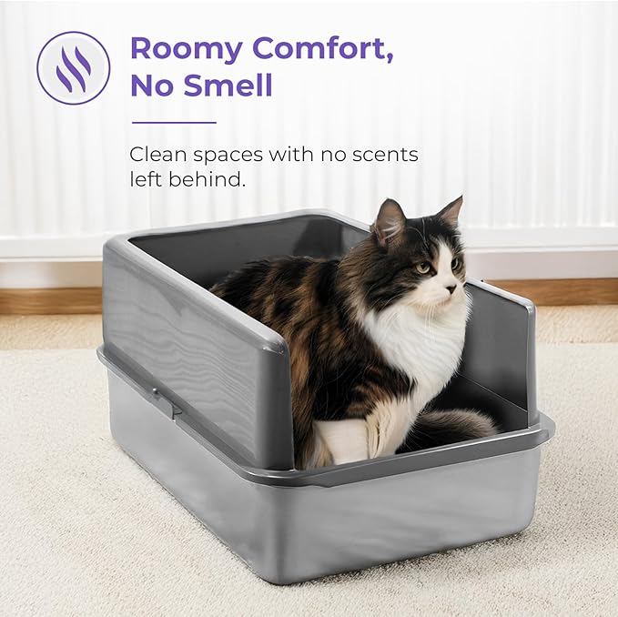 iPrimio XL Stainless Steel Litter Box with Enclosure - High-Sided Metal Litter Box for Large Cats - Easy to Clean, Rust-Resistant, and Durable - 23.5 x 15.5 x 6 Inches
