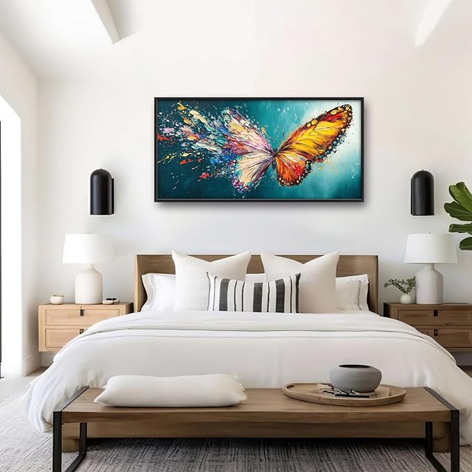 Extra Large Framed Abstract Butterfly Wall Art,Colorful Graffiti Wall Decor,Splashing Wings Pictures for Living Room,Canvas Print Painting Modern Artwork Bedroom Office Bathroom Home Decor 60L x30W