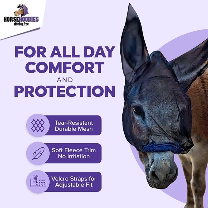 Donkey Fly Mask with Long Ears (Purple) Made in USA - Mule Fly Mask with Ears Protection from Insects and Bugs, Small Donkey Soft Mesh Fabric with Adjustable Fastener, Face Cover Supplies for Donkeys
