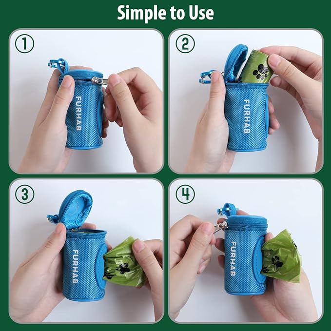 Dog Poop Bag Holder for Leash Doggie Waste Bag Dispenser Soft Fabric Puppy Potty Carrier Small Doggy Zipper Pouch with Carabiner Clip 1680D Nylon Oxford with 1 Roll of Pet Trash Bags, Sky Blue