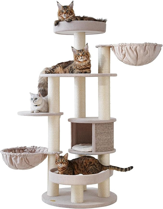 Extra Large Cat Tree for Maine Coon,65 Inches Tall Cat Tree Tower for Indoor Cats Large Adult 20 lbs,XXL Heavy Duty Luxury Sturdy Cat House with Big Hammock,Sisal Scratching Post,Condo