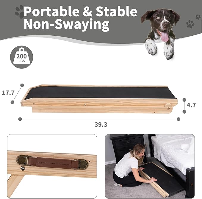 ABORON Antislip Dog Ramp, Adjustable Folding Pet Ramp for Small & Large Old Dogs & Cats, High Traction Portable Rubber Paw Ramps, Supports up to 200 lbs, Used for Bed Couch SUV, 39.3'' Long