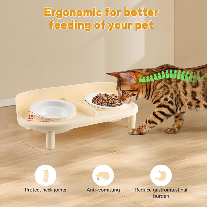 Elevated Cat Bowls, Tilted Rised Cat Food and Water Bowl with 2 Pcs Ceramic Pet Bowls, Rised Stand, Pet Dish Anti Vomiting Feeding Station for All Sized Cats & Small Dogs (Milk Coffee)