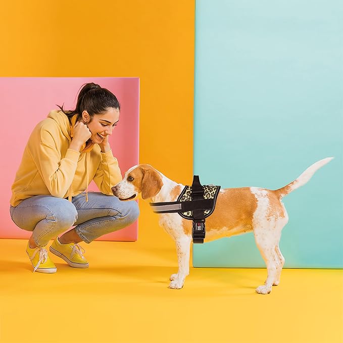 Dogline Dog Harness, Reflective No-Pull Adjustable Vest with Handle for Walking, Training, Breathable, No - Choke Harness for Small, Medium or Large Dogs Room for Patches Leopard Brown XL 33"-46"