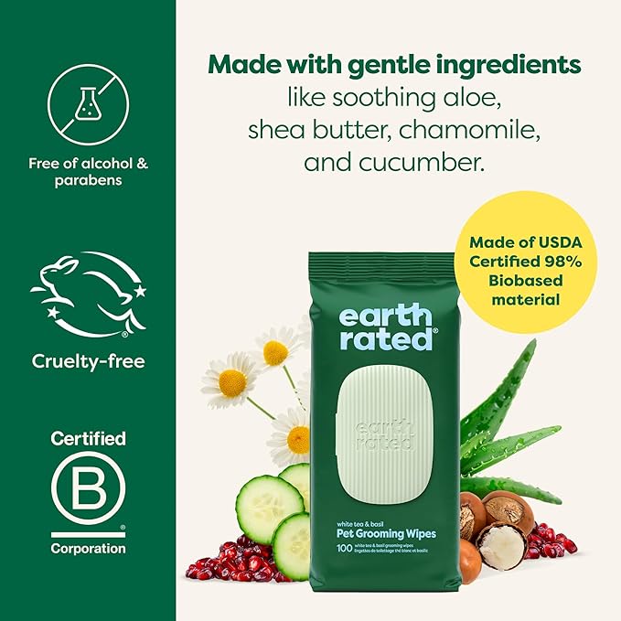 Earth Rated Pet Wipes for Dogs and Cats, Hypoallergenic, 3-in-1 Cleaning, Deodorizing and Hydrating, for Grooming Paws, Body and Butt, New White Tea and Basil Scent, 400 Count