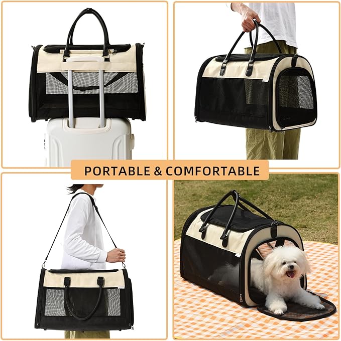 PET MARVEL Cat Carrier Soft Sided Large for Pet Dogs up to 25 Lbs, Airline Approved Mesh Pet Travel Bag, Breathable Bite-Resistant Fabric with Removable Washable Mat