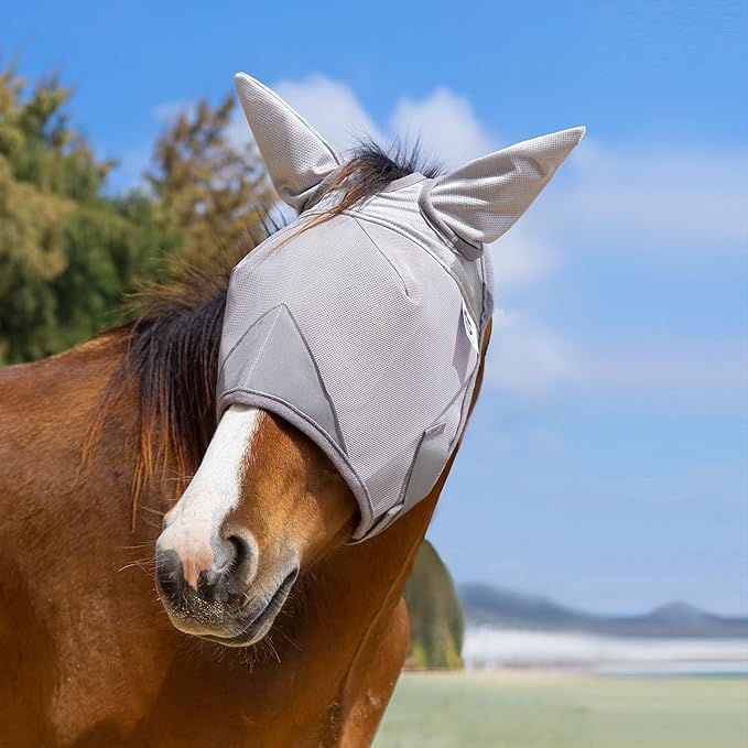 Horse Fly Mask, Adjustable Fly Masks for Horses with Ears, UV Protection from Insect Pests Comfort Mesh Without Nose Average Size Horses Accessories(Extra Small)