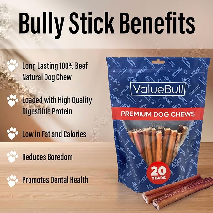 ValueBull Bully Sticks for Large Dogs, Jumbo 6 Inch, 10 Count - All Natural, Grass Fed, Single Ingredient, Long Lasting Dog Treats for Aggressive Chewers
