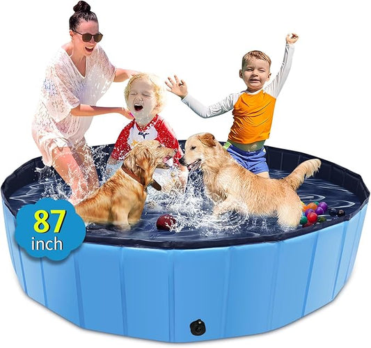 Foldable Dog Pool, 87" x 14" Large Kiddie Pool with Hard Plastic, Non-Slip Dog Bath Tub for Outdoor Backyard, Collapsible Dog Swimming Pool for Kids Dogs Pets (Blue)