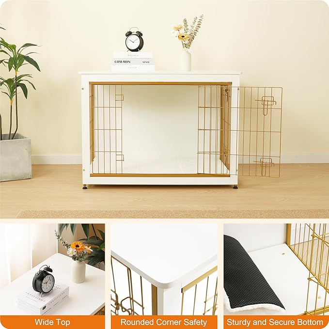 DWANTON Dog Crate Furniture with Cushion, Wooden Kennel Table with Double Doors, Indoor Dog House, Large Size, 38.5" L, White