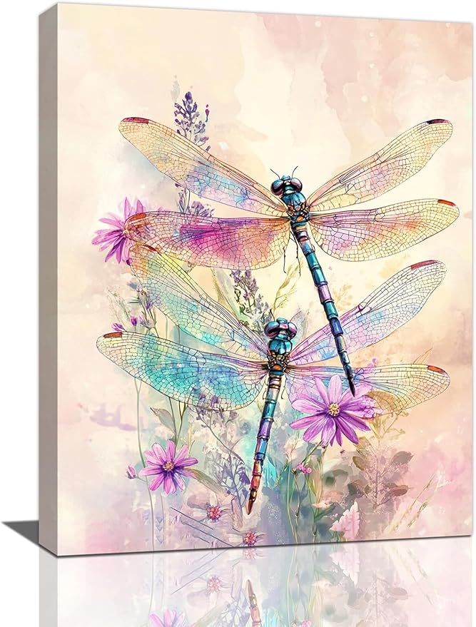Dragonfly Bathroom Pictures Wall Art, Floral Bathroom Wall Decor, Framed Painting Canvas Artwork for Bedroom Living Room Decorations 24"L x 20"W