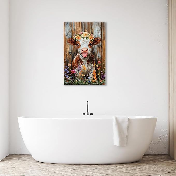 Funny Cow Bathroom Pictures Wall Art, Rustic Brown Cute Cow Bathroom Wall Decor, Farmhouse Floral Framed Painting Animal Flower Canvas Artwork for Bedroom Living Room Decorations 24"L x 16"W