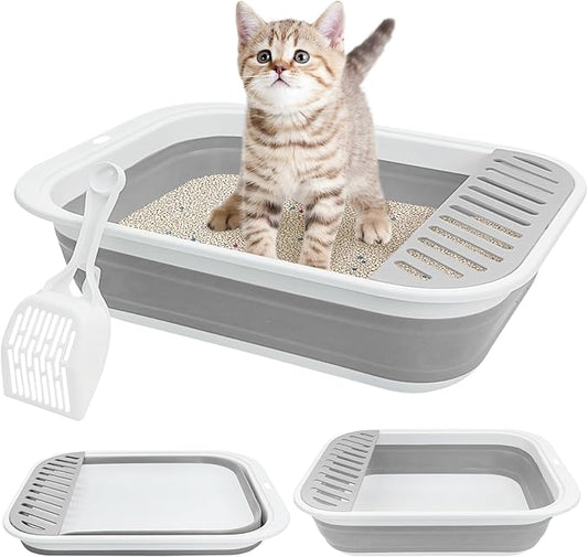 Fhiny Cat Litter Box Portable Shallow Litter Box 17.7"x13.4"x4.9" Foldable Cat Toilet with Scoop Open Kitty Potty Pan with Litter Drop Pedal Easy to Clean Travel Kitten Toilet(Gray)