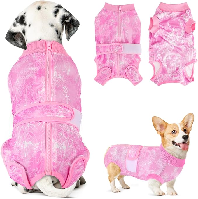 Lukovee Recovery Suit for Dogs - Zipper On Onesie for Female Male Dog, Abdominal Wounds Cone E-Collar Alternative, Prevent Licking Spay (Pink-TPI, L)