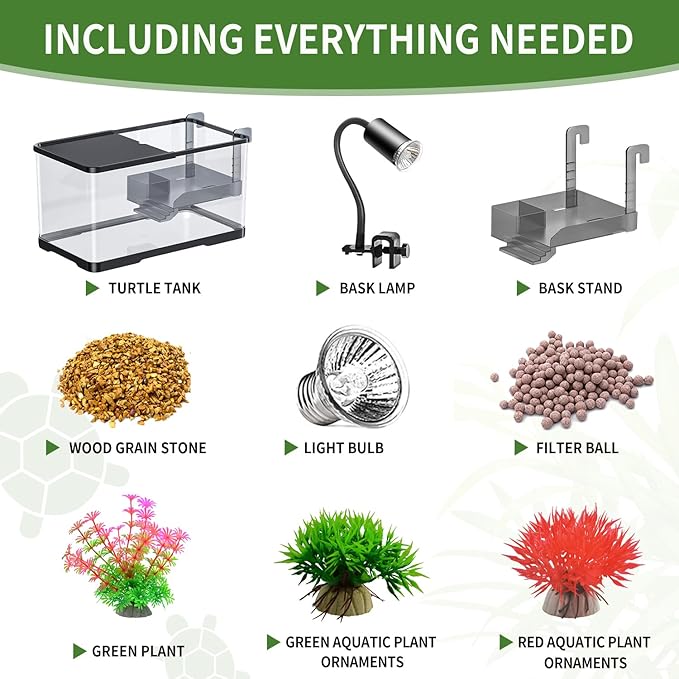 (Tank + Light + Filter Balls) Turtle Tank Kit, Turtle Tank Starter Kit,Bottom Drainage, Multi-Function Areas for Turtles, Crabs,Fishes, Amphibians,Reptiles. (15.75 x 8.64 x 8.64 Inch)