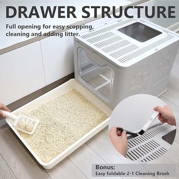 Foldable Cat Litter Box with Lid, Enclosed Potty, Large Top Entry Anti-Splashing Toilet, Easy to Clean Including Litter Scoop and 2-in-1 Cleaning Brush (Grey)