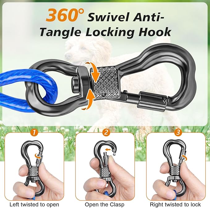 Tresbro 15 FT Dog Tie Out Cable with Spring, Shock Absorbing Tether Chains for Outside Aavilable in 10/15/20/25/30/40/50/70/100/120 FT, Heavy Duty Leads for Yard for Medium & Large Dogs Up to 500 LBS