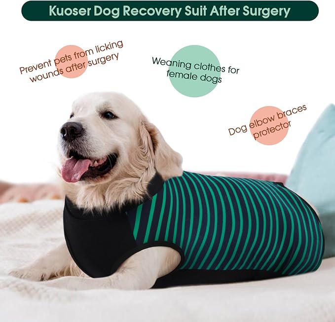 Kuoser Dog Recovery Suit, Anti Licking Dogs Rear Leg Sleeve, Abdominal Dog Surgical Suit with Pants Cover Protect Wounds, Dogs Elbow Protector Soft Pet Surgery Onesie Cone Alternative, Green 3XL