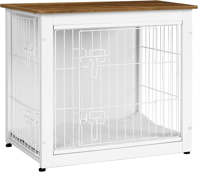 DWANTON Dog Crate Furniture with Cushion, Wooden Kennel Table with Double Doors, Indoor Dog House, Small/Medium/Large Size, 27.2" L, White+Warm Brown