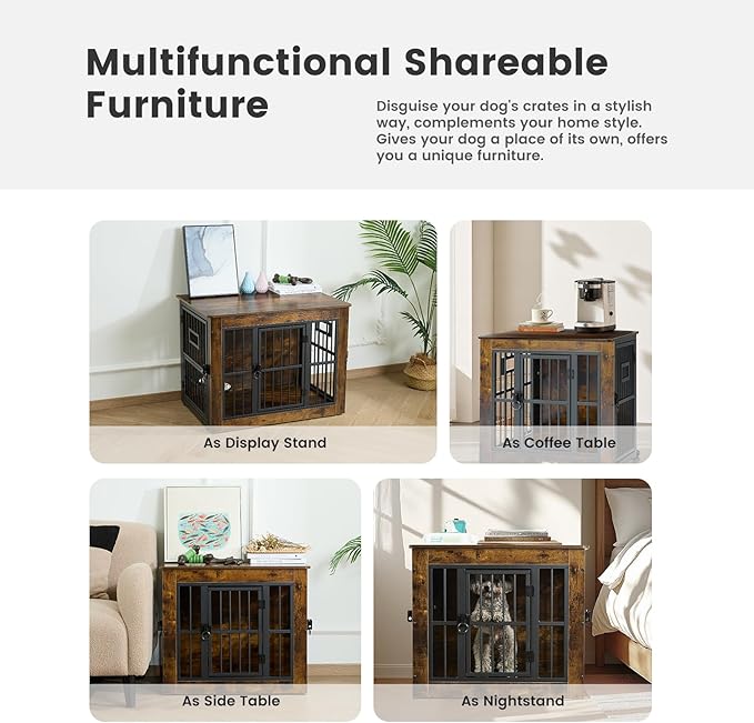 Gardner Pet Dog Crate Furniture for Medium Dogs, 32.7 Inch Dog Kennel Indoor, Wooden Dog Cage End Table with 2 Removable Bowls, Heavy Duty Dog Crate, Rustic Brown