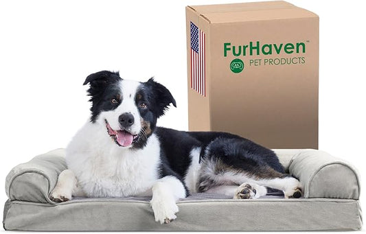 Furhaven Cooling Gel Dog Bed for Large/Medium Dogs w/ Removable Bolsters & Washable Cover, For Dogs Up to 55 lbs - Faux Fur & Velvet Sofa - Smoke Gray, Large