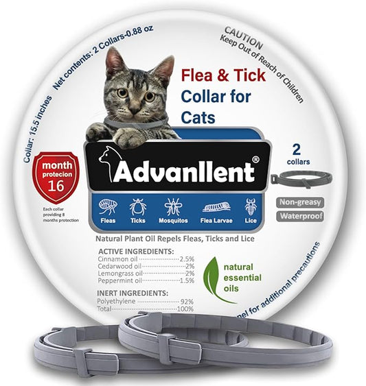 Flea Collar for Cats, Flea and Tick Collars for Kittens, Flea & Tick Treatment Prevention, Natural Essential Oil, 2 Pack, 16 Months Protection, One Size Fits All, Waterproof