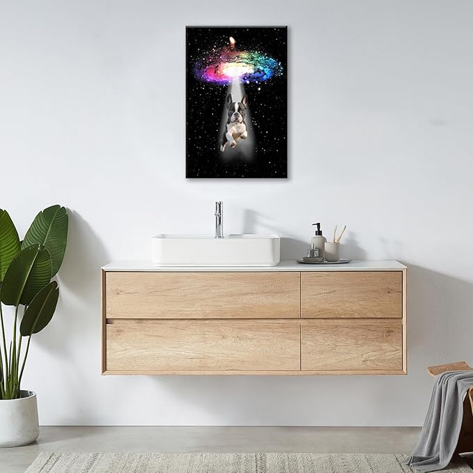 Funny Dog Wall Art Canvas Boston Terrier Wall Decor Prints Framed Painting Bulldog Galaxy Pictures Gifts Artwork for Bathroom 16"x24"