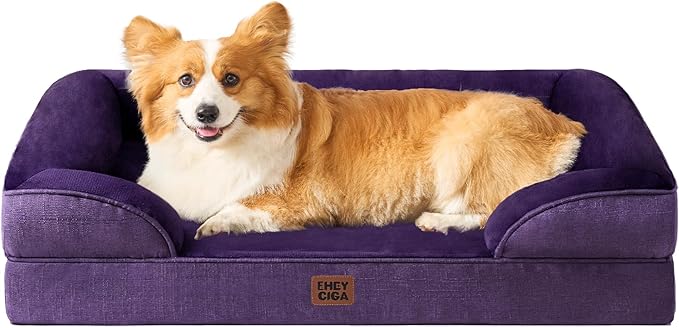 EHEYCIGA Orthopedic Dog Beds for Large Dogs, Waterproof Memory Foam Large Pet Bed with Sides, Non-Slip Bottom and Egg-Crate Foam Dog Couch Bed with Washable Removable Cover, Purple