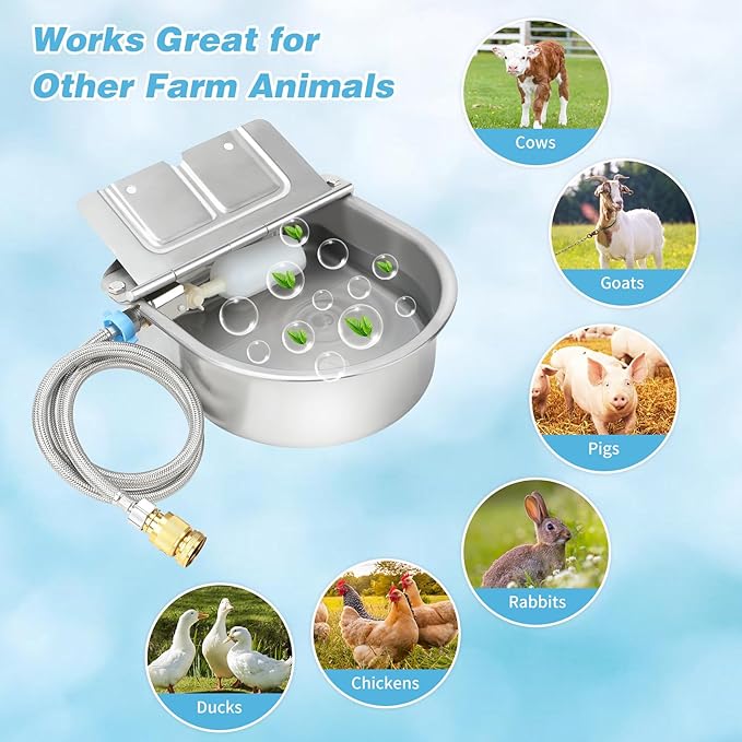 FHTONGE 304 Stainless Steel Automatic Dog Water Bowl Dispenser with Drainage and Float Valves, Large Auto Fill Dog Waterer for Outdoor Big Dogs Livestock Poultry Horse Cow Goat Pig Chicken Duck Rabbit
