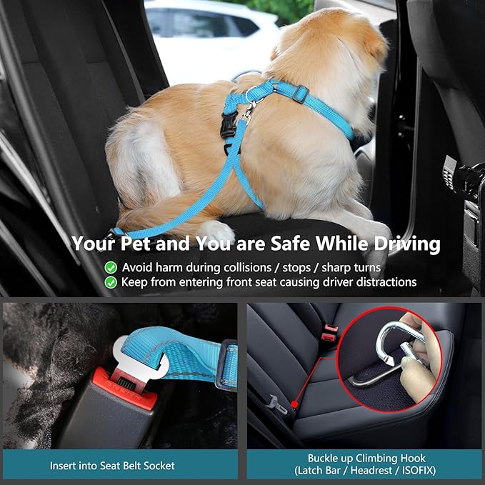 Dog Seat Belt Harness for Car, Dog Car Harness Adjustable Mesh Breathable & Dogs Seatbelt Safety Tether with Elastic Bungee for Small Medium Large Pets(Blue, S)