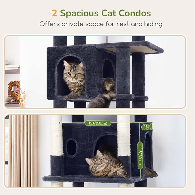Globlazer Large Cat Tree Tower, Tall Cat Tree Condos for Indoor Cats Large Adult Cat Climbing Tower with 2 Spacious Caves, Oversized Top Perch, Big Hanging Basket, Cat Teaser Wand, F74B, Dark Grey