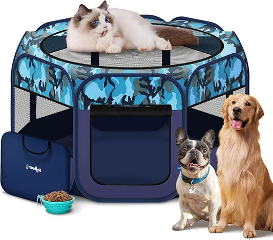 Dog Playpen, Pet Playpen, Portable Cat Playpen, Pop Up Foldable Puppy Playpen Exercise Kennel Tent with Carry Case Collapsible Bowl,Water-Resistant Shade Cover for Outdoor Indoor Travel (Large)