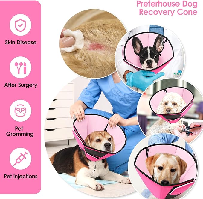 Dog Recovery Collar Cone for Medium Dogs, Adjustable Dog Cone Alternative After Surgery for Dogs to Stop Licking, Breathable Soft Cone for Medium Large Dogs, Pink M