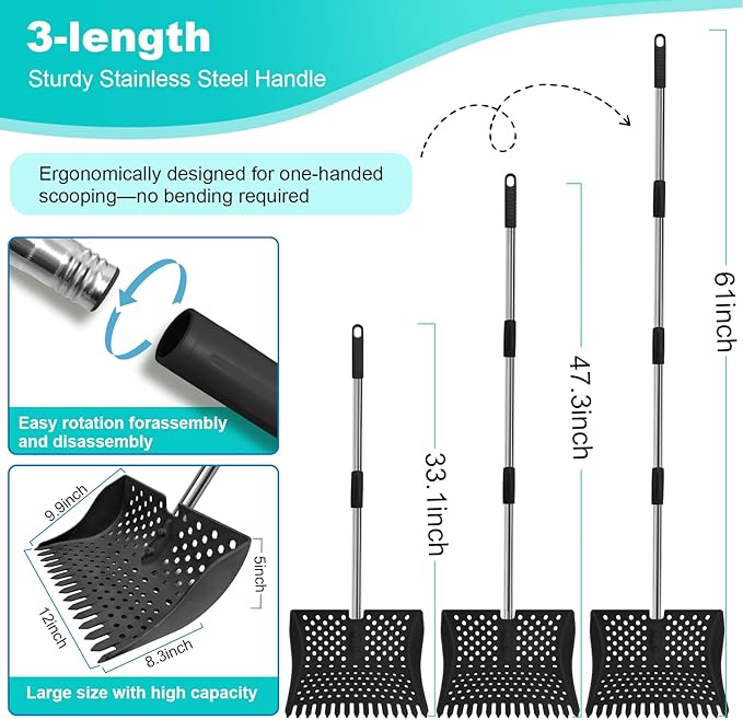 12-Inch 2-in-1 Chicken Poop Scooper & Rake – US Patent Pending – 3-Shape Sifting Holes Chicken Coop Rake，Stainless Steel Handle （20–61"）– Litter Scoop Sand & Sifting Shovel for Chicken Coops (Black)