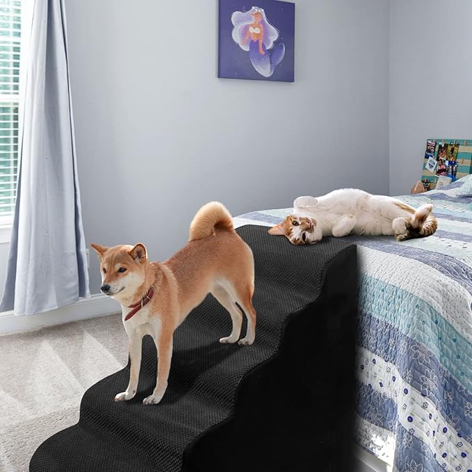 Dog Stairs&Steps for High Beds Up to 28'', 5-Step Dog Ramp for Small Medium Dogs with Washable Cover, Pet Steps for Cats to Get on Couch and Sofa, Durable Foam Ladders, 24.4" Tall, Black